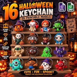 May include: A collection of 16 Halloween keychain 3D printable models displayed on a wooden tiered stand. The figures include a pumpkin, clown, doll, monster, mummy, spider, slime, bat, and ghost, each attached to a silver metal keyring.