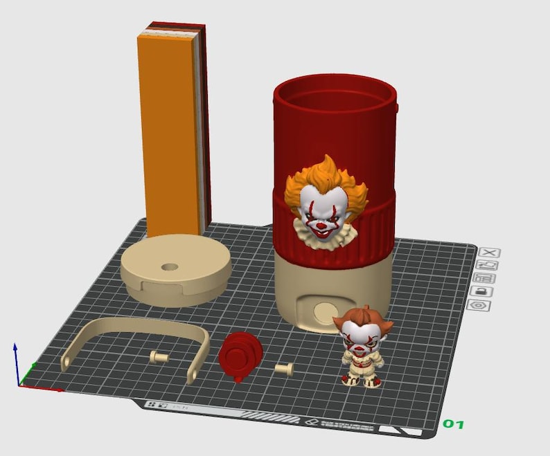 以下が含まれることがあります： 3Dプリントされたタンブラーキット。ペニーワイズのピエロのエンブレムが付いた赤い円筒形のカップ、ベージュの蓋、ベージュのハンドル、2つの小さなベージュのペグ、赤い円形のコンポーネント、およびグリッドベース上の小さなペニーワイズのフィギュアが含まれています。