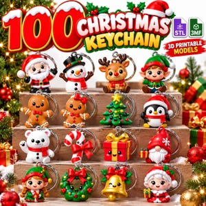 May include: A collection of 100 Christmas keychain 3D printable models featuring various holiday characters including Santa Claus, a snowman, a reindeer, an elf, a gingerbread person, a tree, a penguin, a polar bear, a candy cane, a gift, a gnome, a wreath, and a bell.