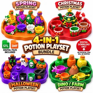 Potion Playset STL Bundle, 4 Themes 3D Print Files, Sensory Play Miniature Decor, Halloween Christmas Dino Magic Bottles Digital Download