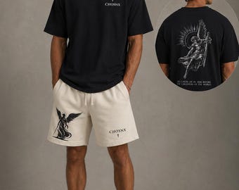 Archangel Christian Streetwear Set | Oversized Graphic Tee + Mesh Shorts | Faith-Based Matching Outfit | CHOSNX