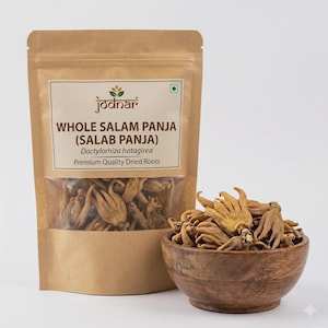 Könnte beinhalten: Ein brauner Papierbeutel mit der Aufschrift Jodnar Whole Salam Panja (Salab Panja) Dactylorhiza hatagirea Premium Quality Dried Roots, der getrocknete, handförmige Wurzeln enthält. Daneben steht eine kleine, runde, dunkelbraune Holzschale mit Wurzeln.