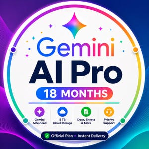 May include: A circular graphic featuring the text Gemini AI Pro 18 MONTHS in bold dark blue letters. Below, four icons represent Gemini Advanced, 5 TB Cloud Storage, Docs, Sheets & More, and Priority Support. A bottom banner reads Official Plan.