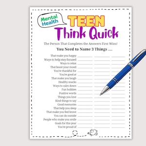 Può includere: Un foglio di gioco in carta bianca intitolato Teen Think Quick con un bordo tratteggiato, che presenta un elenco di domande sulla salute mentale e una penna a sfera blu appoggiata in diagonale sulla pagina. Il testo include Mental Health.