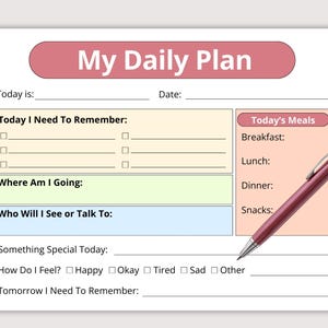Peut inclure: Une feuille de planning quotidien avec un en-tête rose intitulé My Daily Plan, comprenant des sections pour les rappels, les repas, les lieux et les contacts. Elle inclut un suivi d'humeur et un stylo à bille rétractable bordeaux.
