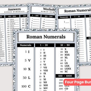 Puede incluir: Un paquete de cuatro hojas de trabajo educativas sobre números romanos. Cada página tiene un borde con textura de piedra gris e incluye columnas para números del 1 al 1000, con encabezados claros y listas organizadas para ejercicios de práctica.