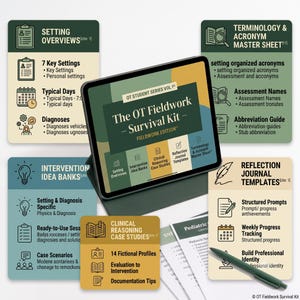 Puede incluir: Una tableta digital que muestra The OT Fieldwork Survival Kit, rodeada de tarjetas y hojas impresas que detallan descripciones generales, bancos de ideas de intervención, estudios de casos clínicos y plantillas de diario con un bolígrafo verde.