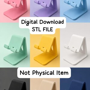 May include: A grid of nine L-shaped phone stands in various solid colors including pink, purple, blue, mint, yellow, white, black, beige, and navy. The image includes the text Digital Download STL FILE and Not Physical Item.