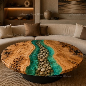 Custom Burl Wood Epoxy River Coffee Table, Natural Stone Live Edge Centerpiece