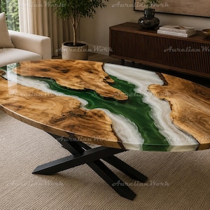 Live Edge Burl Wood Coffee Table, Green Epoxy River Table, White Resin Accent Coffee Table, Mid Modern Furniture Live Edge Burl Wood Table