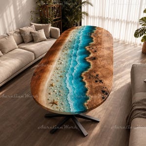 Live Edge Wood Dining Table, Ocean Resin River with Seashells, Coastal Beach Wave Furniture