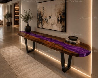 Custom Purple Epoxy River Console Table, Live Edge Walnut Entryway Sofa Table