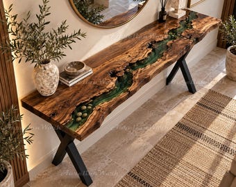 Live Edge Green Epoxy River Console Table, Solid Wood Entryway Table, Rustic Hallway Table, Modern Sofa Table, Custom Wood Furniture