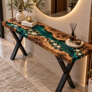 Custom Live Edge Wood Console Table, Epoxy Resin River, River Stones, Rustic Luxury Furniture