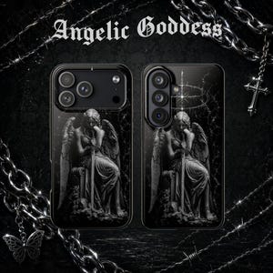 May include: Two black smartphone cases featuring a graphic of a winged figure sitting and holding a sword. The text "Angelic Goddess" is printed in white at the top. The design includes a dark background with silver chain and barbed wire accents.