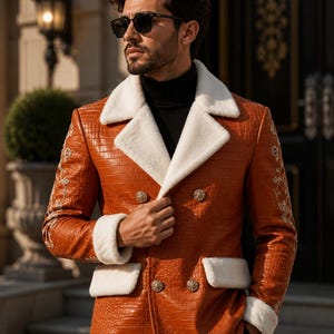 Op de afbeelding: Een dubbelrijige jas in een getextureerde oranje kunstlederen krokodillenlook, voorzien van een witte imitatiebontkraag en manchetten, witte imitatiebont zakflappen, goudkleurige knopen en gedetailleerd wit bloemenborduursel op de mouwen.