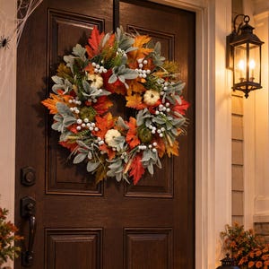 Fall Pumpkin Wreath for Front Door Thanksgiving Front Door Decor Autumn Maple Leaf Wreath with White Berries Thanksgiving Harvest Decor