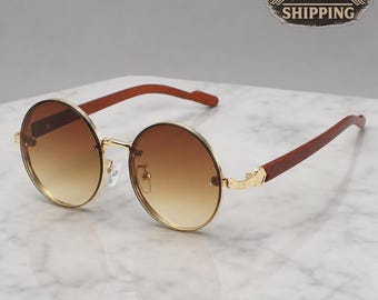 Round Gold-look Frame Sunglasses | Retro Style Eyewear | Gift for Her | Women's Fashion