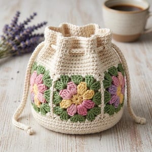 Op de afbeelding: Een crèmekleurig gehaakt buideltasje met trekkoord, voorzien van een granny square patroon met bloemmotieven in roze, geel en lavendel, omringd door saliegroene bladeren. De tas heeft een geschulpte bovenrand en bijpassende crèmekleurige koorden.