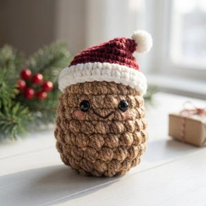 May include: A brown crocheted pinecone figure with a smiling face, black bead eyes, and pink cheeks. The figure wears a dark red and white crocheted Santa hat with a white pom-pom on top. The texture is bumpy and rounded, resembling a pinecone.