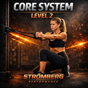 May include: A black resistance band attached to a vertical metal rack, with the text CORE SYSTEM LEVEL 2 and STRÖMBERG PERFORMANCE visible. The equipment is used for exercise, featuring a black handle held by a person in black athletic wear.