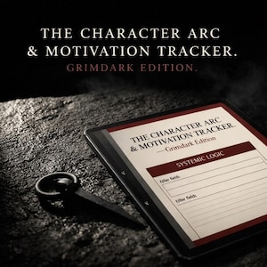 Könnte beinhalten: Ein digitales Tablet zeigt ein Dokument mit dem Titel The Character Arc & Motivation Tracker - Grimdark Edition, inklusive eines Systemic Logic-Abschnitts mit leeren Feldern. Ein kleines schwarzes Metallwerkzeug mit Ring liegt daneben.