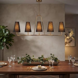 5-Light Brass Linear Chandelier with Black Fabric Shades for Dining Table