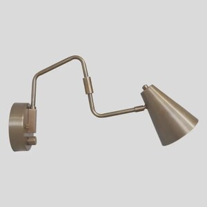 May include: A wall-mounted lamp with a metallic brass finish, featuring a circular base plate, an adjustable multi-jointed arm, and a conical shade. The design includes a small cylindrical knob on the base for operation and a sleek, industrial aesthetic.