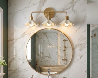 3-Light Brass Vanity Sconce: Ceramic Scalloped Shade, Organic Modern Bathroom Light