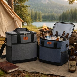 パーソナライズされたレザーパッチ付きビールクーラーバッグ、カスタム刻印入りドリンクキャリア、大型アウトドアトラベルバッグ、断熱仕様のブライズメイドギフトバッグ