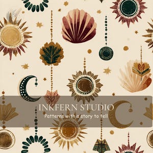 May include: A seamless pattern featuring illustrations of suns, moons, seashells, and stars in shades of brown, gold, and dark green on a cream background. The text INKFERN STUDIO Patterns with a story to tell is overlaid in the center.