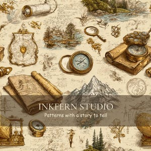 May include: A seamless pattern featuring vintage exploration tools including brass compasses, magnifying glasses, and rolled parchment maps. The design includes detailed sketches of mountain landscapes, trees, and handwritten script text.