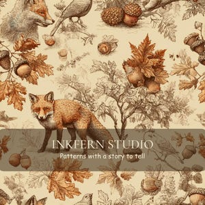 Puede incluir: Un patrón repetitivo con ilustraciones detalladas de zorros, pájaros, hojas de roble y bellotas en tonos marrones y naranjas sobre un fondo crema. Un rectángulo oscuro muestra el texto INKFERN STUDIO Patterns with a story to tell.