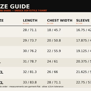 Size chart — Gildan 64000 — Unisex Softstyle T-Shirt body measurements in inches and cm