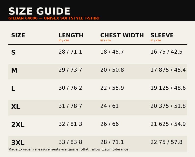 Size chart — Gildan 64000 — Unisex Softstyle T-Shirt body measurements in inches and cm