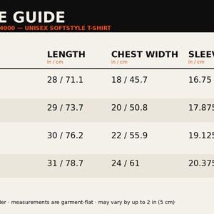 Size guide for the Gildan 64000 unisex softstyle tee, sizes S to XL, in inches and centimetres