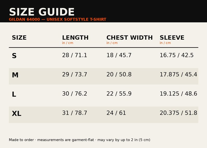 Size guide for the Gildan 64000 unisex softstyle tee, sizes S to XL, in inches and centimetres