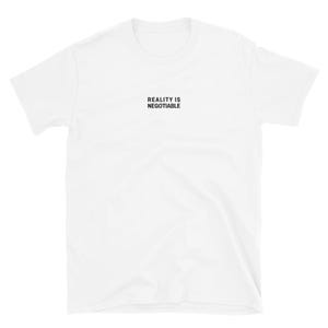 Minimalist Embroidered Tee, Reality Is Negotiable, Quote Shirt, Black Stitched Text, Unisex Cotton T Shirt, Made to Order Gift image 3