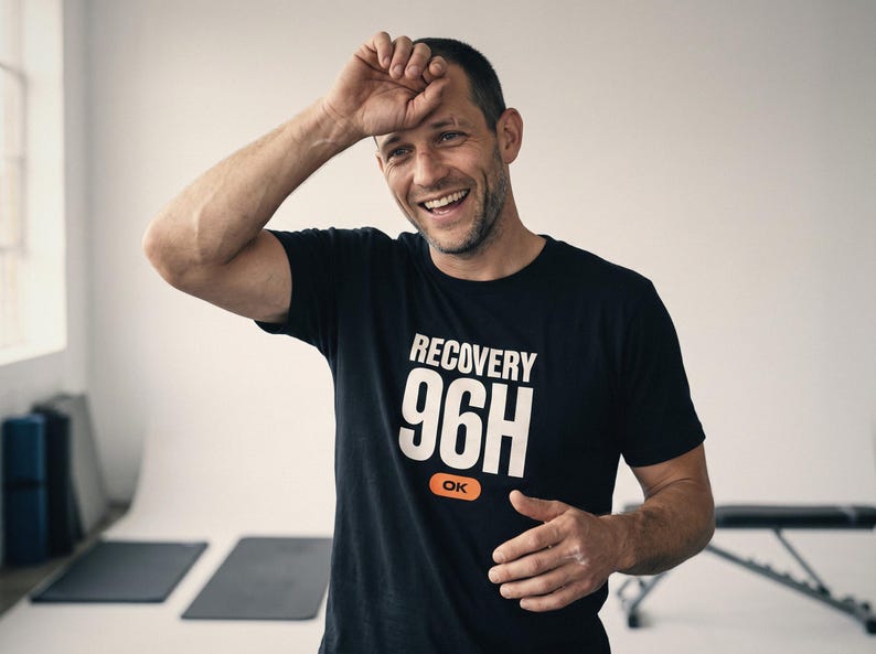 Recovery 96H OK Hybrid Athlete Shirt, Funny Post Race Tee, Fitness Racing Gift for Runners and Gym Lovers, Unisex Workout Top image 3