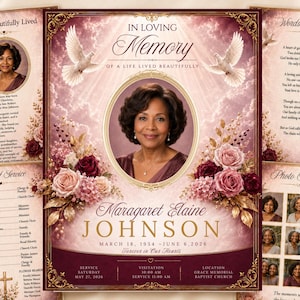 May include: An 8-page obituary template set featuring a burgundy and cream color palette with floral accents, two white doves, and a central oval frame for a portrait. The design includes text fields for memorial details, service information, and photos.