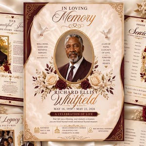 Pode incluir: Um modelo de programa funerário com o retrato de um homem de terno, rodeado por rosas creme e bordô, pombas brancas e nuvens. O texto inclui In Loving Memory, Richard Ellis Whitfield, datas e detalhes do serviço.