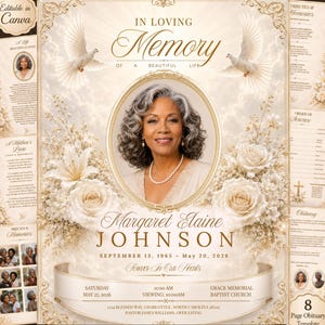 May include: A funeral program template featuring a portrait of a person with gray hair, surrounded by cream-colored roses, lilies, and two white doves. The text reads In Loving Memory, Margaret Elaine Johnson, September 13, 1965 - May 20, 2026.