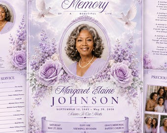 Funeral Program Template, Lavender Obituary Template , 8 Page Memorial Program, Celebration of Life (Canva Download)