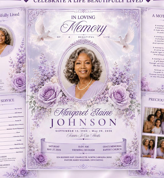 Funeral Program Template, Lavender Obituary Template , 8 Page Memorial Program, Celebration of Life (Canva Download)