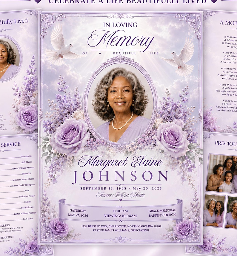 Funeral Program Template, Lavender Obituary Template , 8 Page Memorial Program, Celebration of Life (Canva Download) image 1