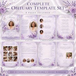 May include: A complete obituary template set featuring eight pages with a lavender floral theme. The pages include a front cover, life story, tributes, poem, photo collage, obituary text, order of service, and thank you card, all editable in Canva.