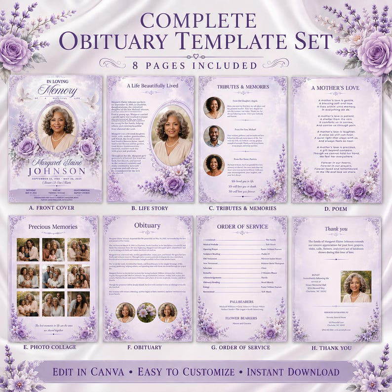 May include: A complete obituary template set featuring eight pages with a lavender floral theme. The pages include a front cover, life story, tributes, poem, photo collage, obituary text, order of service, and thank you card, all editable in Canva.