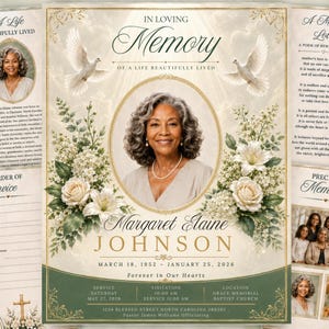 Può includere: Un modello di programma funebre con il ritratto di una donna in una cornice ovale dorata, circondato da rose e gigli bianchi. Il testo recita In Loving Memory, Margaret Elaine Johnson, 18 marzo 1952 - 25 gennaio 2026 e Forever in Our Hearts.