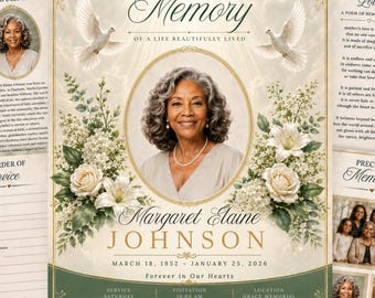 May include: A funeral program template featuring a portrait of a woman in a gold oval frame, surrounded by white roses and lilies. The text reads In Loving Memory, Margaret Elaine Johnson, March 18, 1952 - January 25, 2026, and Forever in Our Hearts.