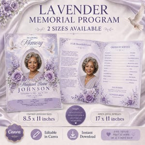 May include: A lavender-themed memorial program template featuring a portrait of a woman, floral accents, and white doves. The design includes text fields for service details, an order of service, and biographical information, with sizes 8.5 x 11 inches.